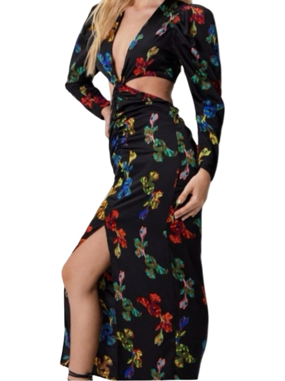 🦋 Nasty Gal Butterfly Cutout Satin Floral Maxi Dress, Size 6